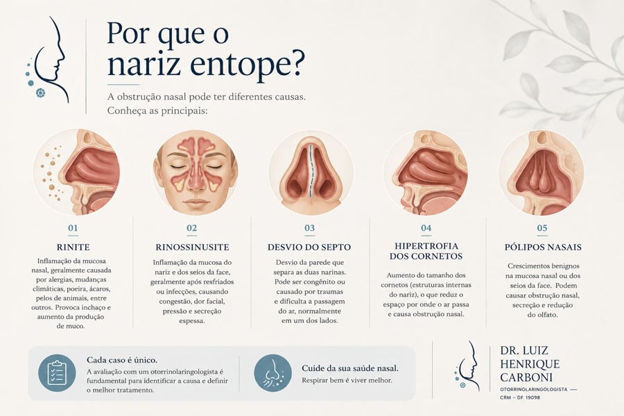 Principais causas da obstrução nasal, incluindo rinite, sinusite, desvio de septo, hipertrofia de cornetos e pólipos nasais