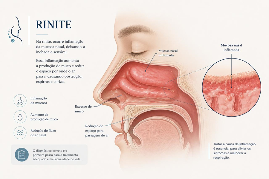 Rinite com inflamação da mucosa nasal, causando inchaço, obstrução nasal e aumento da produção de muco