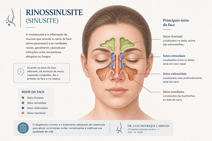 Ilustração dos seios da face mostrando os principais seios paranasais na rinossinusite