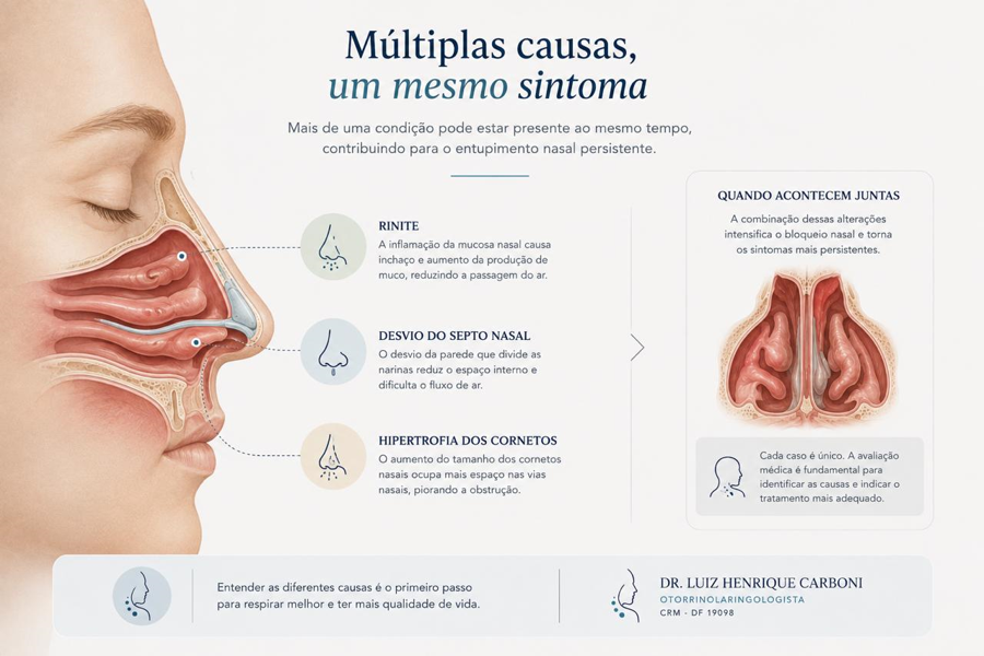 Combinação de rinite e desvio de septo causando obstrução nasal persistente