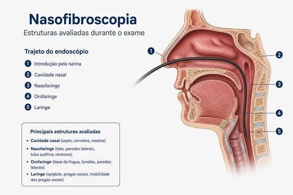 Ilustração da nasofibroscopia mostrando o trajeto do endoscópio pelas cavidades nasal, nasofaringe, orofaringe e laringe