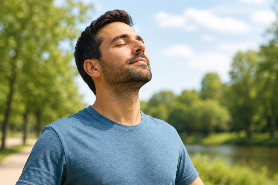 Homem respirando profundamente pelo nariz ao ar livre