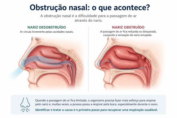 Ilustração anatômica da cavidade nasal mostrando a passagem do ar e a obstrução nasal