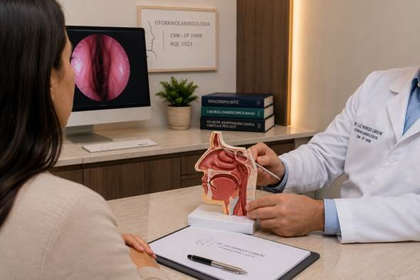 Otorrinolaringologista avaliando paciente durante investigação de obstrução nasal