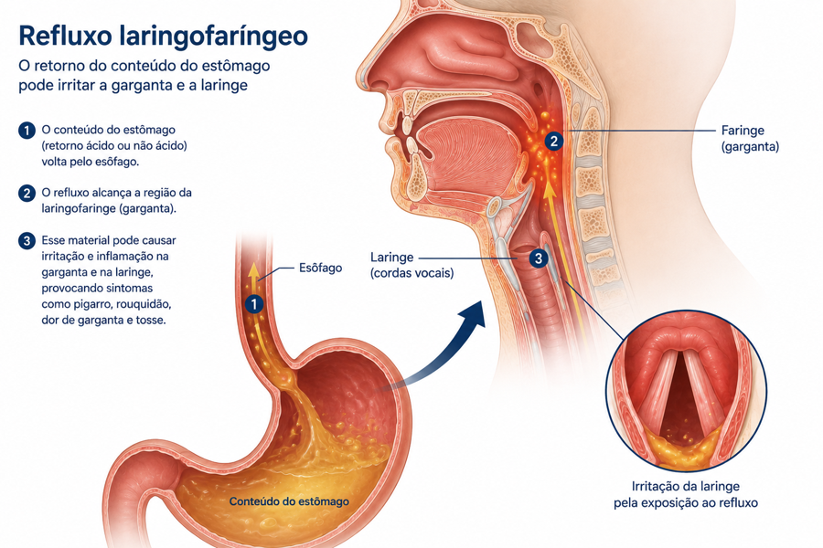 Ilustração mostrando o refluxo laringofaríngeo atingindo a garganta e a laringe.
