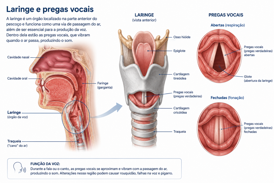 Ilustração anatômica mostrando as pregas vocais e a laringe.