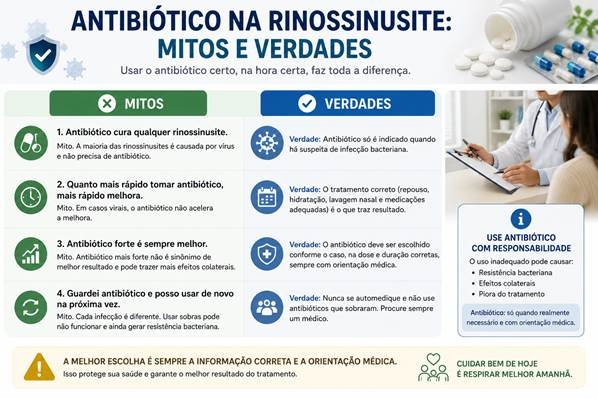 Infográfico sobre mitos e verdades relacionados ao uso de antibióticos na rinossinusite.