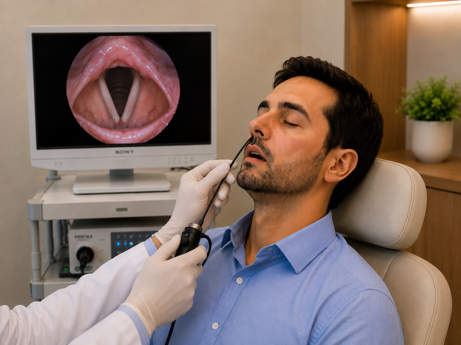 Otorrinolaringologista realizando exame de nasofibrolaringoscopia.