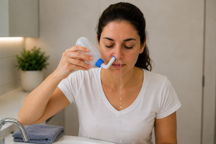 Pessoa realizando lavagem nasal com solução salina para auxiliar no tratamento do gotejamento pós-nasal.