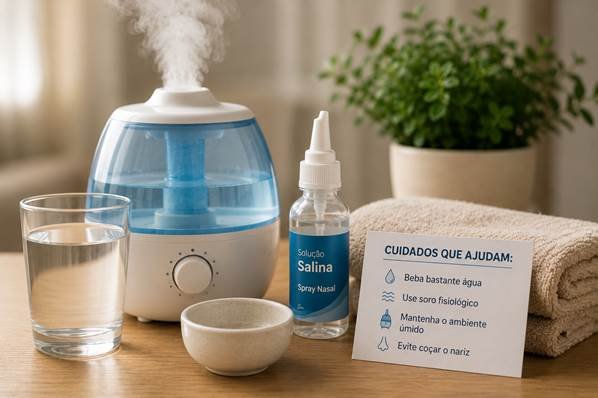 Hidratação e cuidados com a mucosa nasal podem ajudar durante o período de baixa umidade.