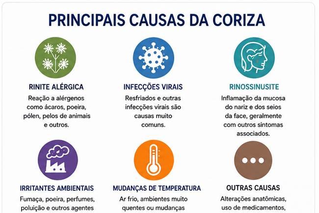 Infográfico com as principais causas de coriza, incluindo rinite, infecções virais, rinossinusite e irritantes ambientais.