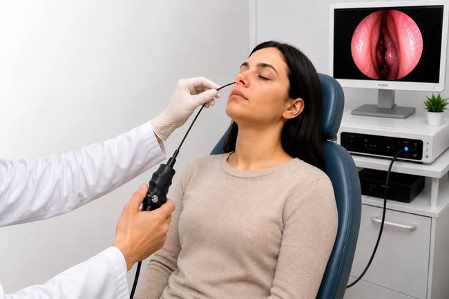 Paciente durante exame de nasofibroscopia para avaliação das estruturas nasais.