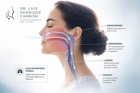 Ilustração do fluxo respiratório normal pelo nariz, nasofaringe, orofaringe e laringe