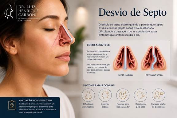 Ilustração do desvio de septo nasal, comparando o septo normal com o septo desviado e seus sintomas mais comuns