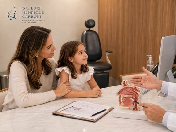 Mãe e filha em consulta médica, representando sintomas respiratórios e alterações do sono em crianças
