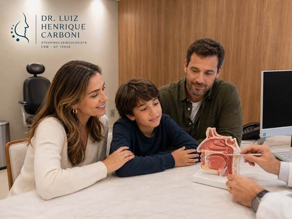 Família em consulta com otorrinolaringologista, com explicação usando modelo anatômico das vias aéreas