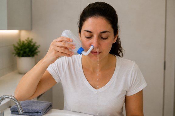 Pessoa realizando lavagem nasal com solução salina