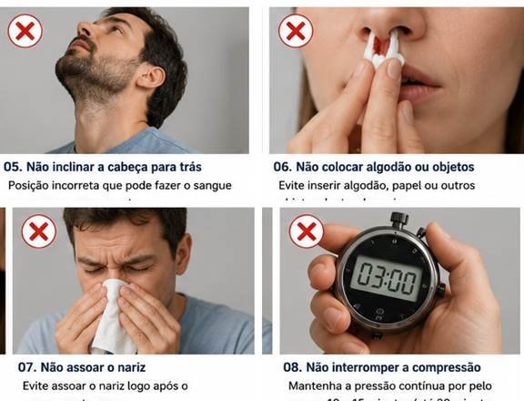 Ilustrações de condutas que devem ser evitadas durante um sangramento nasal