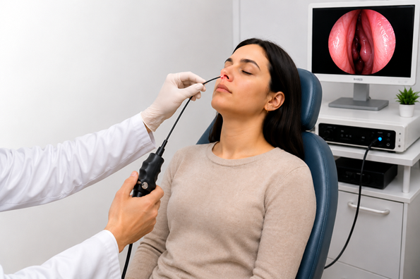Avaliação médica com endoscopia nasal em paciente sentada, com monitor exibindo imagem endoscópica.
