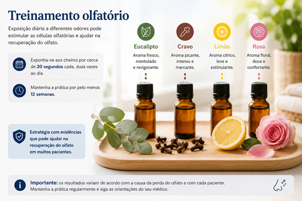 Infográfico sobre treinamento olfatório com eucalipto, cravo, limão e rosa, incluindo orientação de exposição regular aos aromas.