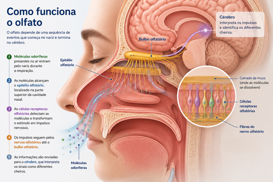 Ilustração médica do funcionamento do olfato, mostrando cavidade nasal, epitélio olfatório, bulbo olfatório, moléculas odoríferas e conexão com o cérebro.