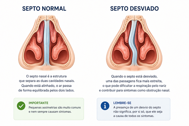 Ilustração comparando um septo nasal normal e um desvio de septo nasal, mostrando a diferença na passagem de ar.