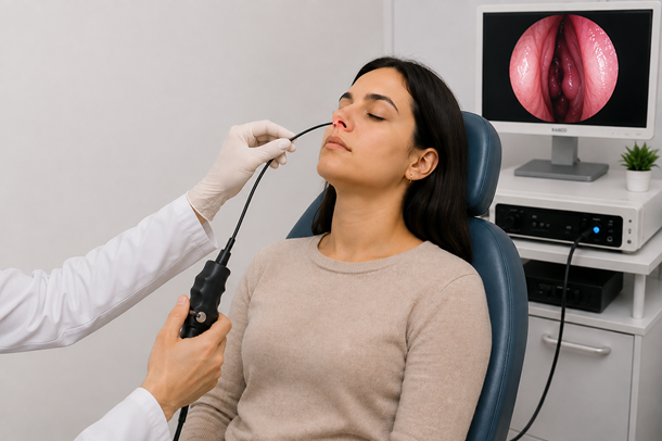 Exame de nasofibroscopia realizado em paciente sentada, com endoscópio nasal flexível e monitor exibindo imagem endoscópica.
