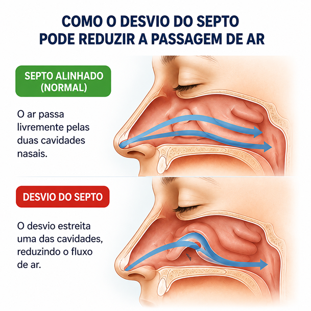 Ilustração comparando a passagem de ar em um nariz com septo alinhado e em um nariz com desvio do septo.