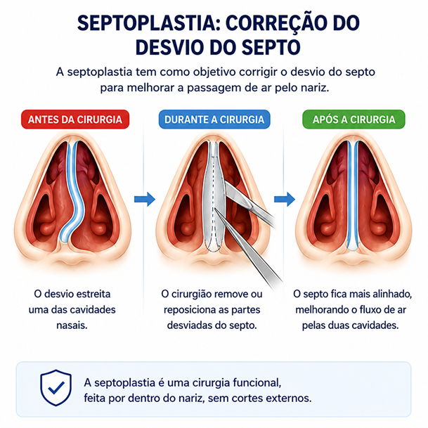 Ilustração das etapas da septoplastia, mostrando o septo antes da cirurgia, durante a correção e após o alinhamento.
