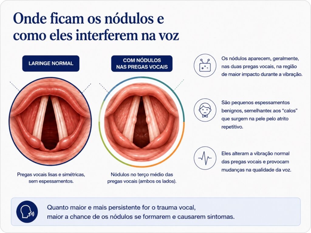 Onde ficam os nódulos das pregas vocais e como interferem na voz