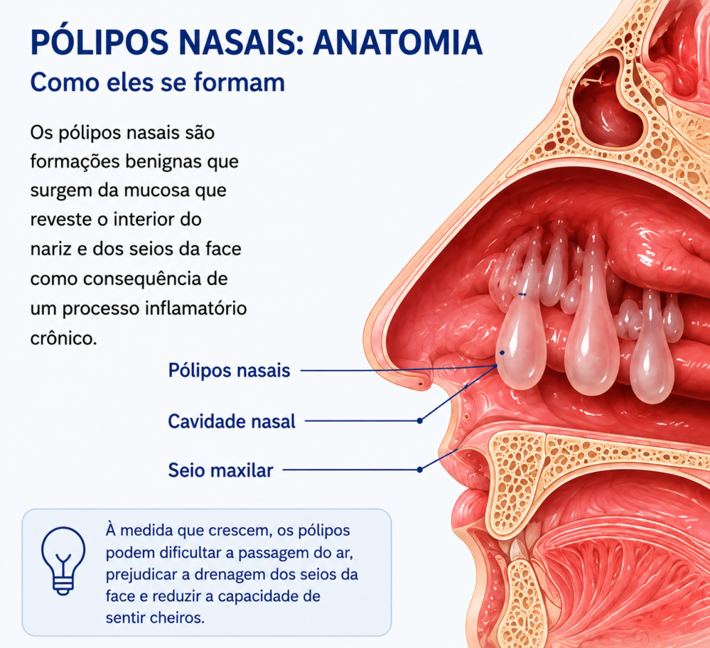 Ilustração anatômica mostrando pólipos nasais no interior da cavidade nasal