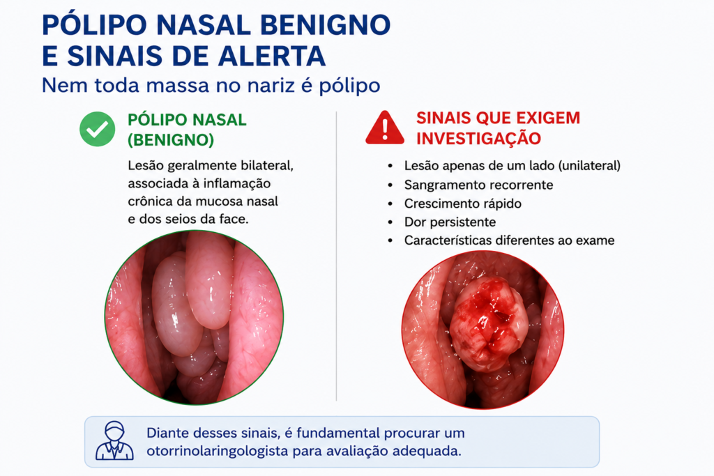 Comparação visual entre pólipo nasal geralmente benigno e sinais de alerta que exigem investigação