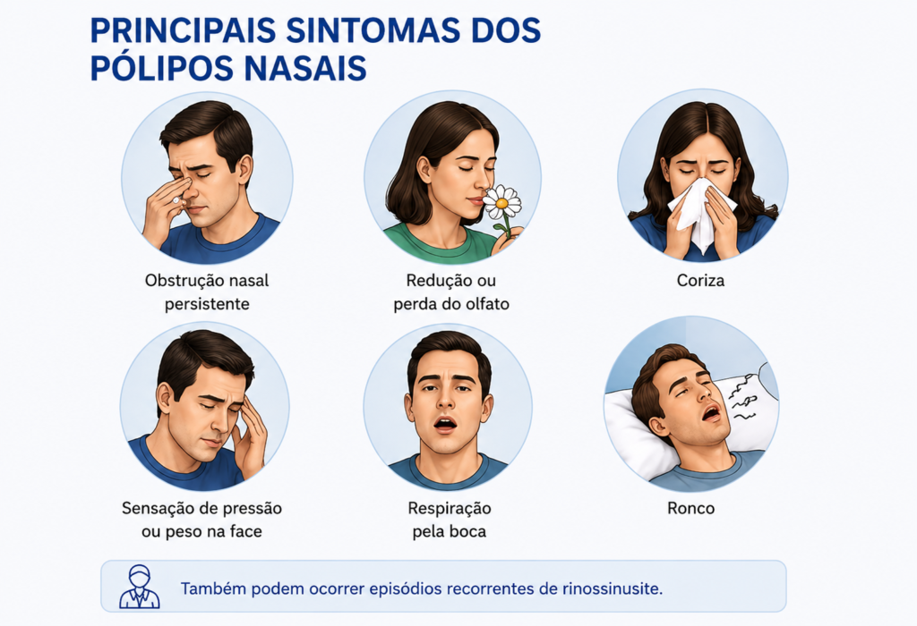 Principais sintomas dos pólipos nasais, incluindo obstrução nasal, perda do olfato, coriza e respiração pela boca
