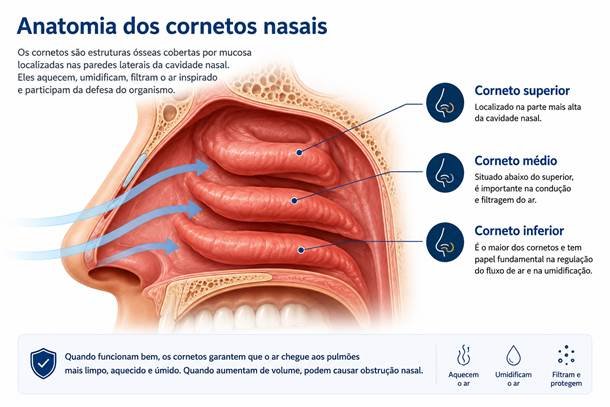 Ilustração anatômica mostrando os cornetos superior, médio e inferior na cavidade nasal.
