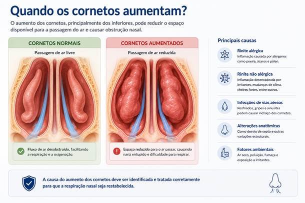 Ilustração comparando cornetos de volume habitual e cornetos aumentados, com redução do espaço nasal.