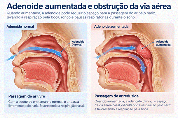 Adenoide normal e aumentada: comparação da passagem de ar pela via aérea nasal.